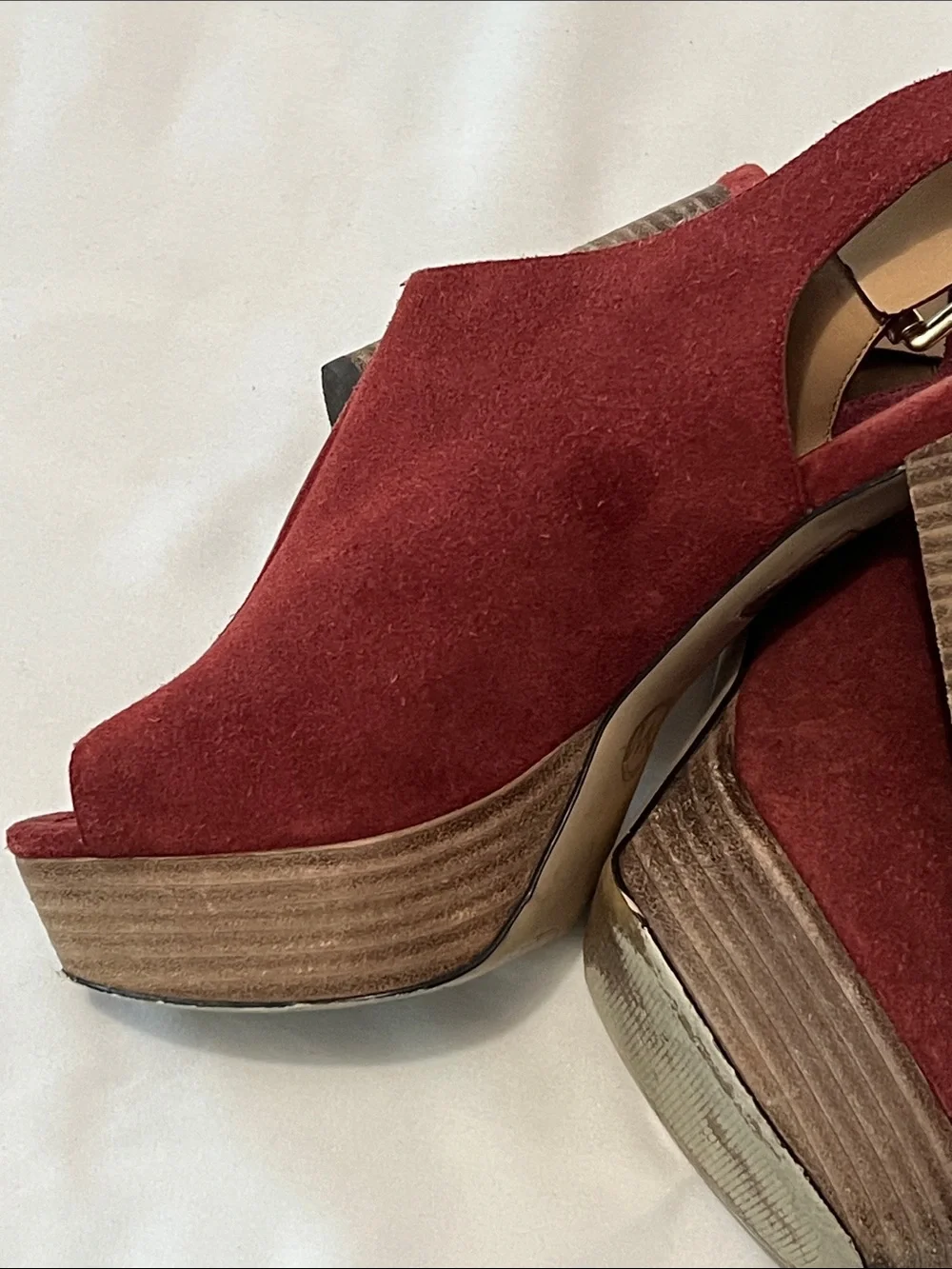 Michael Kors “Piper” Red Suede Peep Toe Platform Slingback Sandals